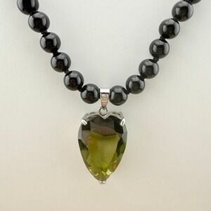 Black Bead Necklace Green Heart Pendant Cocktail Statement